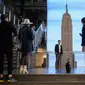 Pengunjung berfoto di Empire State Building, New York pada 9 November 2021. Turis asing yang mendatangi Amerika Serikat disambut kembali ke New York City untuk pertama kalinya dalam 20 bulan setelah pembatasan perjalanan pandemi Covid-19 dicabut. (ANGELA WEISS / AFP)