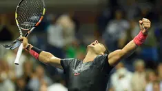 Ekspresi petenis Spanyol, Rafael Nadal, setelah mengalahkan petenis Kroasia, Borna Coric, di babak pertama Turnamen Tenis AS Terbuka 2015 di USTA Billie Jean King National Center, New York, AS. (31/8/2015). (AFP Photo/Don Emmert)