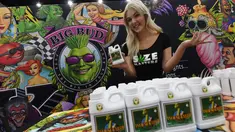 Haley Hudson mempromosikan pupuk untuk menanam ganja di stan pameran Kongres Ganja Internasional di LA, California (27/9). Kongres menyatukan visi antara pemasok, investor, medis, regulator pemerintah, hukum, dan pengusaha. (AFP Photo / Mark Ralston)