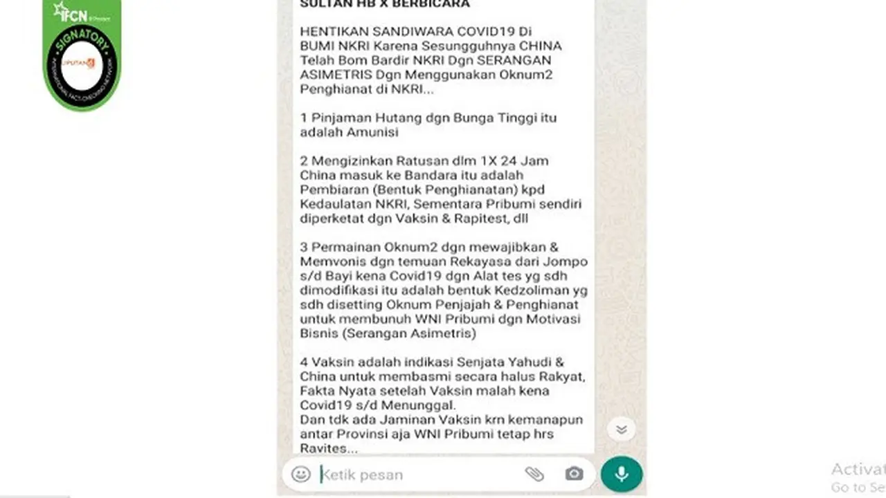Gambar Tangkapan Layar Pesan Berantai Berisi Klaim Sri Sultan Hamengku Buwono X Anggap Covid-19 Sandiwara.