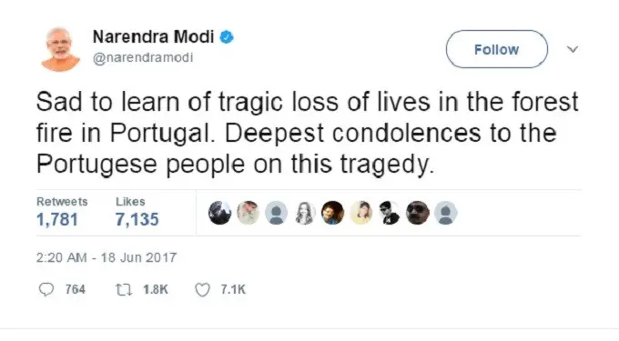 Perdana Menteri India Narendra Mobi tak ketinggalan menunjukkan rasa belasungkawa (Twitter/@narendramodi)