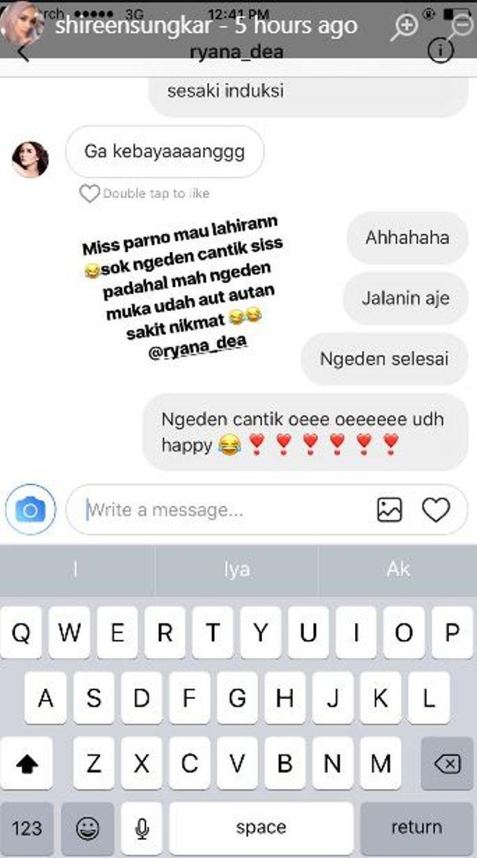 Shireen Sungkar membuat lelucon tentang persalinan pada Ryana Dea. [foto: instagram/shireensungkar]