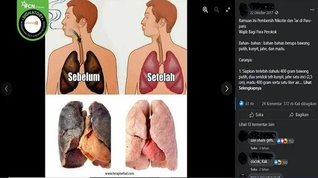Gambar Tangkapan Layar Ramuan yang Diklaim Bisa Membersihkan Paru-paru Perokol (sumber: Facebook).