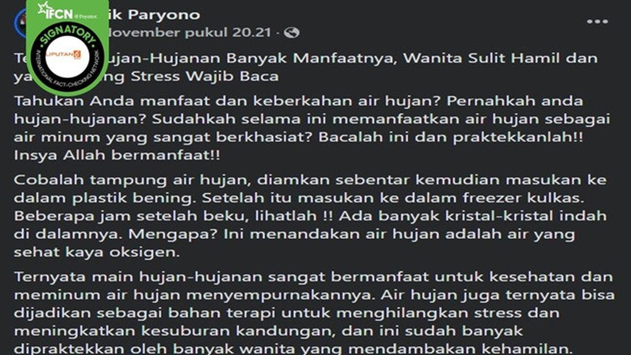 Gambar tangkapan layar klaim tentang mandi dan meminum air hujan dapat meningkatkan peluang kehamilan. (sumber: Facebook)