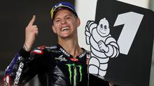 Pembalap Monster Energy Yamaha, Fabio Quartararo, berhasil meraih podium juara di MotoGP Doha yang berlangsung di Sirkuit Losail, Qatar, Senin (5/4/2021) dini hari WIB. (AFP/KARIM JAAFAR)