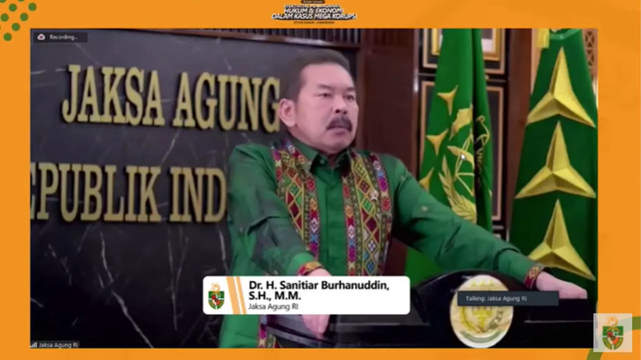 Jaksa Agung Republik Indonesia Sanitiar Burhanuddin  dalam webinar Unika Atma Jaya ‘Efektivitas Penanganan Hukum dan Ekonomi dalam Kasus Mega Korupsi : Studi Kasus Jiwasraya’, Rabu (26/1/2022).