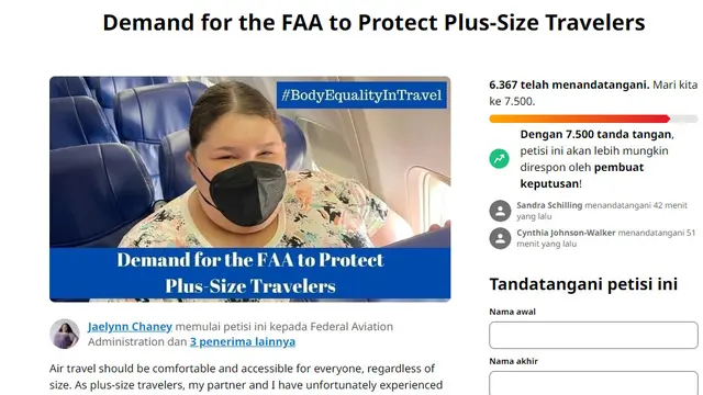 Influencer asal AS Jae’lynn Chaney membuat petisi yang meminta pihak maskapai penerbangan untuk memberikan kursi tambahan bagi penumpang plus size sepertinya. (Dok: Tangkapan layar laman Change.org)
