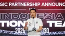 Direktur PT Garuda Sepakbola Indonesia (GSI), Marshal Masita memberikan sambutan dalam acara perkenalan kerja sama antara PSSI dan Kelme yang berlangsung di Hotel Tribrata, Jakarta, Jumat (23/01/2026). (Bola.com/Bagaskara Lazuardi)