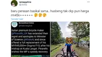 Seorang istri baru mengetahui harga sepeda suaminya usai ada menteri kecelakaan. Sumber: Twitter/theborneoghost.