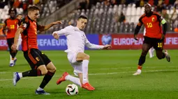 Romelu Lukaku mengukir quattrick atau empat gol saat Belgia menghancurkan Azerbaijan dengan skor 5-0 pada pertandingan Kualifikasi Euro 2024. (AP Photo/Geert Vanden Wijngaert)