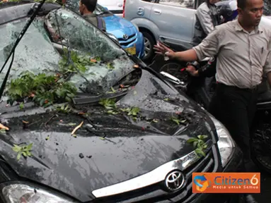 Citizen6, Jakarta: Sebuah mobil kijang Innova bernopol B 1092 KFF tertimpa pohon tumbang sehingga mengalami kerusakan di beberapa bagian. Hal ini menyebabkan kemacetan di ruas Jl. Abdul Muis, Jakarta Pusat. (Pengirim: Wawan Darmawan)
