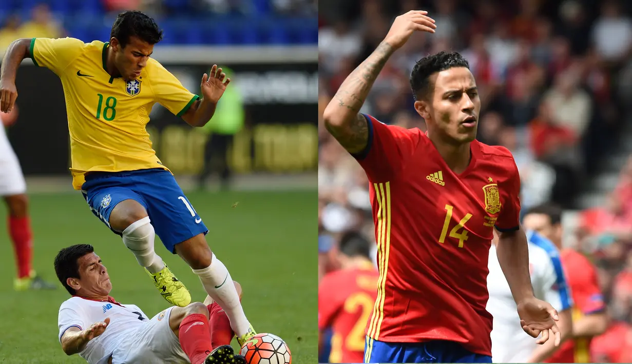 Pemain lulusan akademi La Masia adalah kakak adik Alcantara, Thiago Alcantara (kanan) dan Rafinha Alcantara.Meski bersaudara Thiago memilih untuk membela timnas Spanyol sedangkan Rafinha memilih untuk membela timnas Brasil. NICOLAS TUCAT / DON EMMERT/Afp)