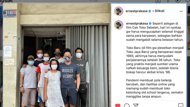 Unggahan Ernest Prakasa. (Foto: Instagram @ernestprakasa)