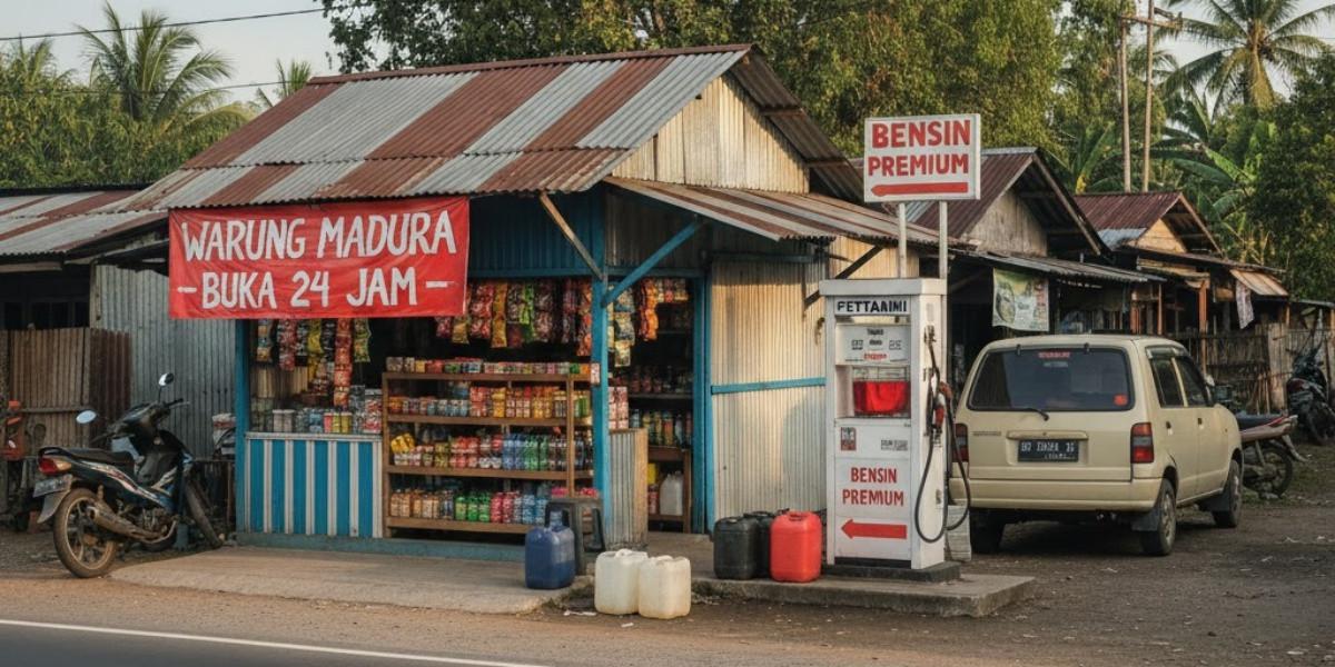 Ilustrasi Warung Madura dengan Pom Bensin Mini