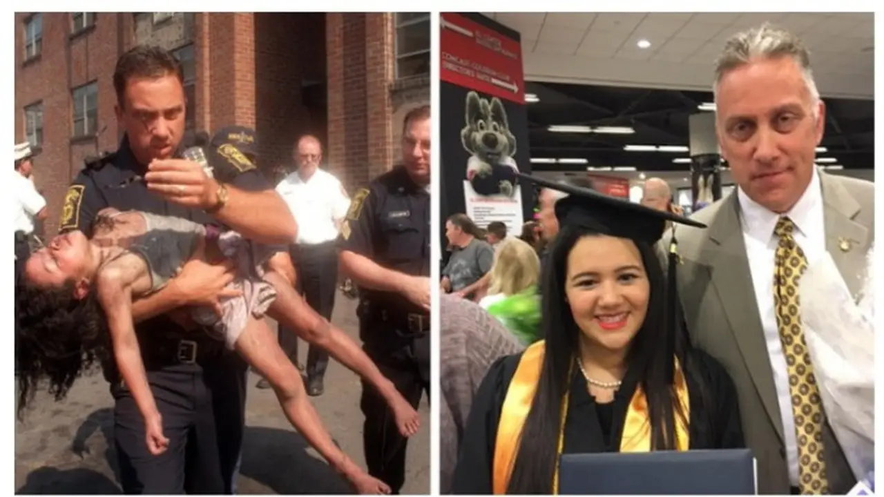 Kiri : Josibel Aponte digendong Peter Getz menuju rumah sakit setelah kebakaran. Kanan : Josibel Aponte dan Peter Getz berpose setelah wisuda. Foto : Koleksi pribadi Peter Getz