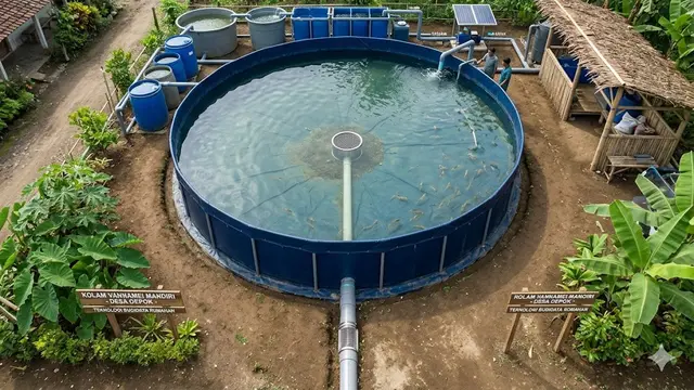 Kolam Bundar Terpal dengan Central Drain