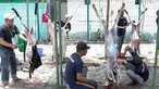 Petugas menyembelih hewan kurban di kawasan Masjid Agung Al Azhar, Jakarta, Selasa (21/8). (Liputan6.com/Immanuel Antonius)
