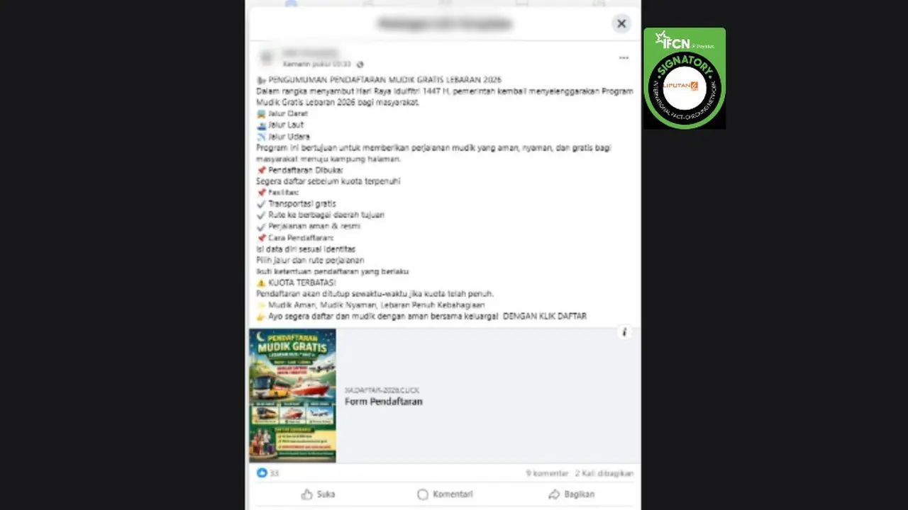 Cek Fakta Liputan6.com mendapati klaim link pendaftaran mudik gratis Lebaran 2026. (foto: Tangkapan layar Facebook)