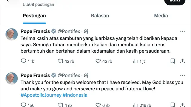 Twit Paus Fransiskus dalam bahasa Indonesia. (Foto: Dok. Twitter @Pontifex)