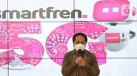 President Director smartfren Merza Fachys memberi sambutan pada Uji Coba 5G Tahap Dua di Jakarta, Kamis (17/6/2021). Kominfo dan Smartfren menguji teknologi 5G menggunakan mmWave 28 GHz pada berbagai model penggunaan konsumen seperti smartphone, CPE, laptop, hingga VR.(Liputan6.com/Pool/smartfren)