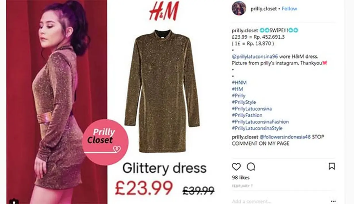 Seperti glittery dress keluaran H&M ini. Dress ini tampilannya cukup mewah, namun ternyata harganya tidak mencapai hingga jutaan rupiah. Terlihat dari akun Instagram @prilly.closet, harganya hanya Rp. 452.951. (Instagram/prilly.closet)