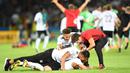 Gaya selebrasi kemenangan para pemain Jerman U-21 setelah mengalahkan Spanyol U-21 pada final final Piala Eropa U-21 di Krakow, Polandia,(30/6/2017). Jerman U-21 menang atas Spanyol U-21 dengan skor 1-0. (AFP/ Janek Skarzynski)