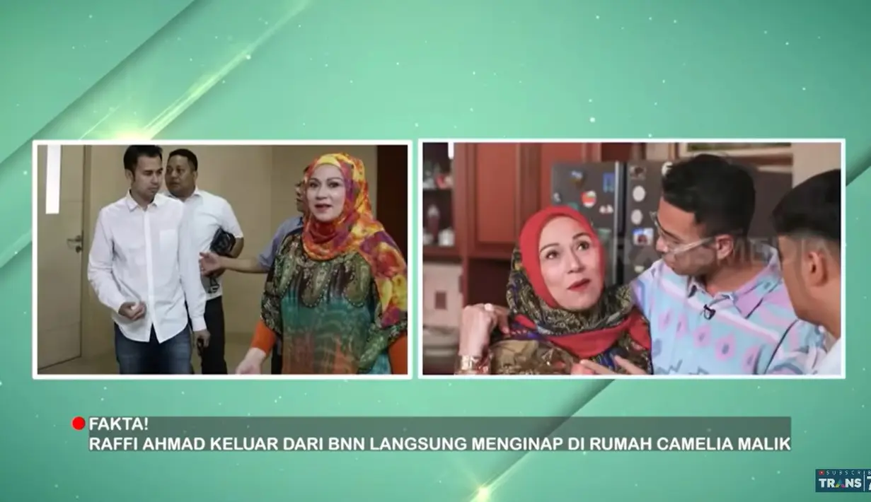 Hal itu diungkapkan penyanyi dangdut senior Camelia Malik saat Raffi Ahmad, Irfan Hakim, dan Mpok Alpha menyambangi rumahnya. "Ini rumah pertama waktu dia (Raffi Ahmad) keluar dari BNN ke sini," kata Camelia Malik dilansir dari kanal Youtube Trans7 Official. [Youtube/TRANS7 OFFICIAL]