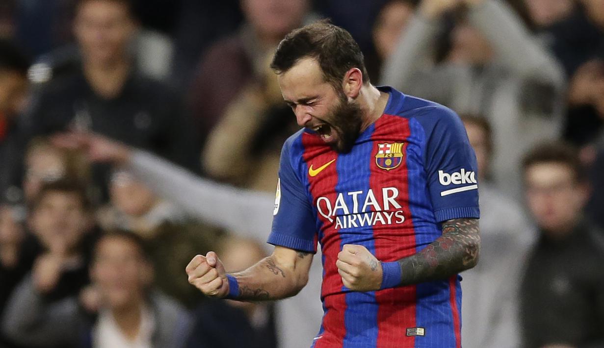 Ekspresi pemain FC Barcelona, Aleix Vidal usai mencetak gol ke gawang Las Palmas pada laga La Liga di Camp Nou, Barcelona (14/1/2017). Barcelona menang 5-0. (AP/Manu Fernandez)
