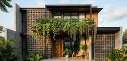 Desain Fasad Rumah dengan Roster dan Tanaman Gantung (created by AI)