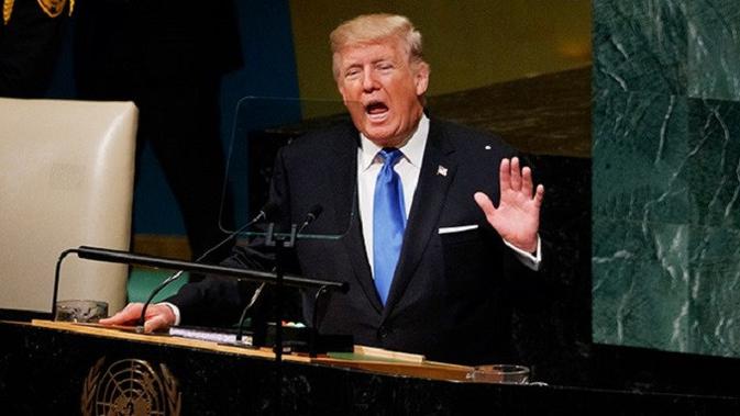 Presiden AS Donald Trump ketika menyampaikan pidato perdananya di Sidang Majelis Umum PBB pada 19 September 2017 (AP Photo/Evan Vucci)
