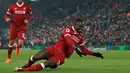 Gaya Pemain Liverpool, Sadio Mane merayakan golnya ke gawang Necastle pada lanjutan Premier League di Anfield, Liverpool, (3/3/2018). Liverpool menang 2-0. (AFP /Lindsey Parnaby)