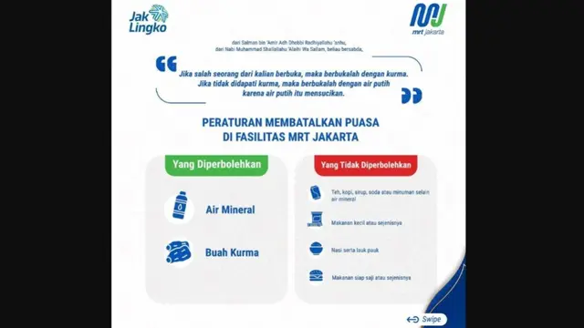 MRT Jakarta Izinkan Penumpangnya Berbuka dengan Air Mineral dan Kurma saat Maghrib.