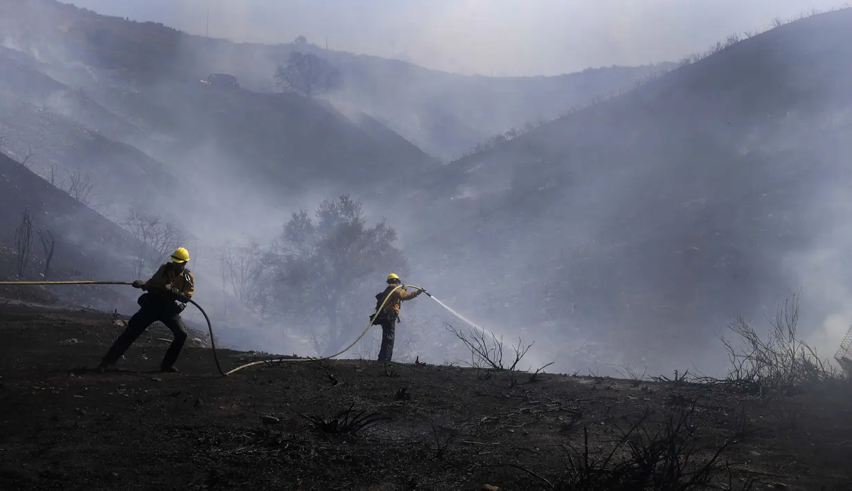Petugas pemadam kebakaran memadamkan titik api dari api Elsmere, yang dipicu oleh suhu panas dan kering di Santa Clarita, California (3/8/2020). (AP Photo / Marcio Jose Sanchez)