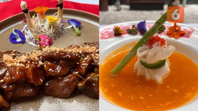 Pumpkin soup with fresh scallop dumpling atau sup labu dengan pangsit scalop, dengan Stewed Beef Tenderloin in Chinese Blacl Vinegar Sauce
