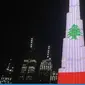 Solidaritas Burj Khalifa atas ledakan di Beirut Lebanon, dengan cahaya bendera negara terdampak. (Twitter Burj Khalifa)