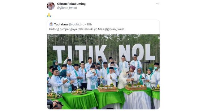 Begini Respons Gibran Rakabuming Raka Ketika Seorang Warganet Memberinya Foto Cak Imin di IKN dan Tampak Sedang Memegang Piring Berisi Tumpeng (Foto Tangkapan Layar)