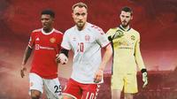 Ilustrasi - Christian Eriksen dikelilingi Jadon Sancho dan David De Gea (Bola.com/Adreanus Titus)