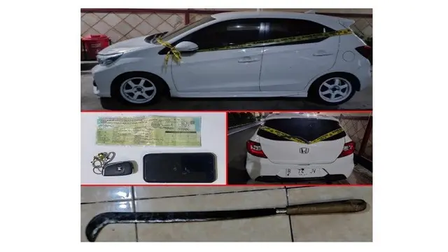 Polisi telah mengamankan mobil Brio putih yang digunakan pelaku ketika mengacungkan senjata tajam ke pengendara lain di Tol Tangerang. (humas.polri.go.id)