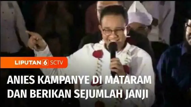 Calon Presiden Anies Baswedan menemui pendukungnya di Mataram, Nusa Tenggara Barat, Selasa sore. Dalam kampanyenya, Anies menjanjikan membuka lapangan kerja, menjamin harga bahan pokok murah, serta mengubah kebijakan daftar tunggu haji.