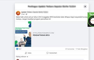 Tangkapan layar klaim tautan pendaftaran program pemutihan tunggakan BPJS Kesehatan yang beredar di Facebook.