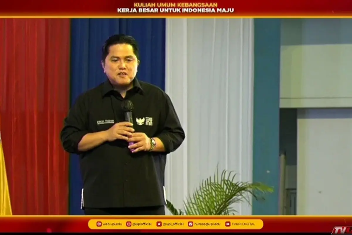 Menteri BUMN Erick Thohir dalam sesi diskusi bersama mahasiwa Universitas Pendidikan Indonesia (UPI), Selasa (21/6/2022)