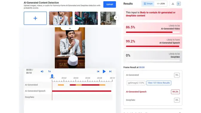 Video dan audio dalam klaim Gus Iqdam akan memberi bantuan untuk bayar utang hingga modal usaha menunjukkan hasil AI. (Foto: tangkapan layar Hive Moderation)
