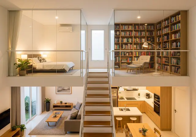 Mezzanine dengan Dua Ruang Tambahan/Inspirasi Interior Rumah Mezzanine Terbuka dan Lega (Sumber: gemini.com)