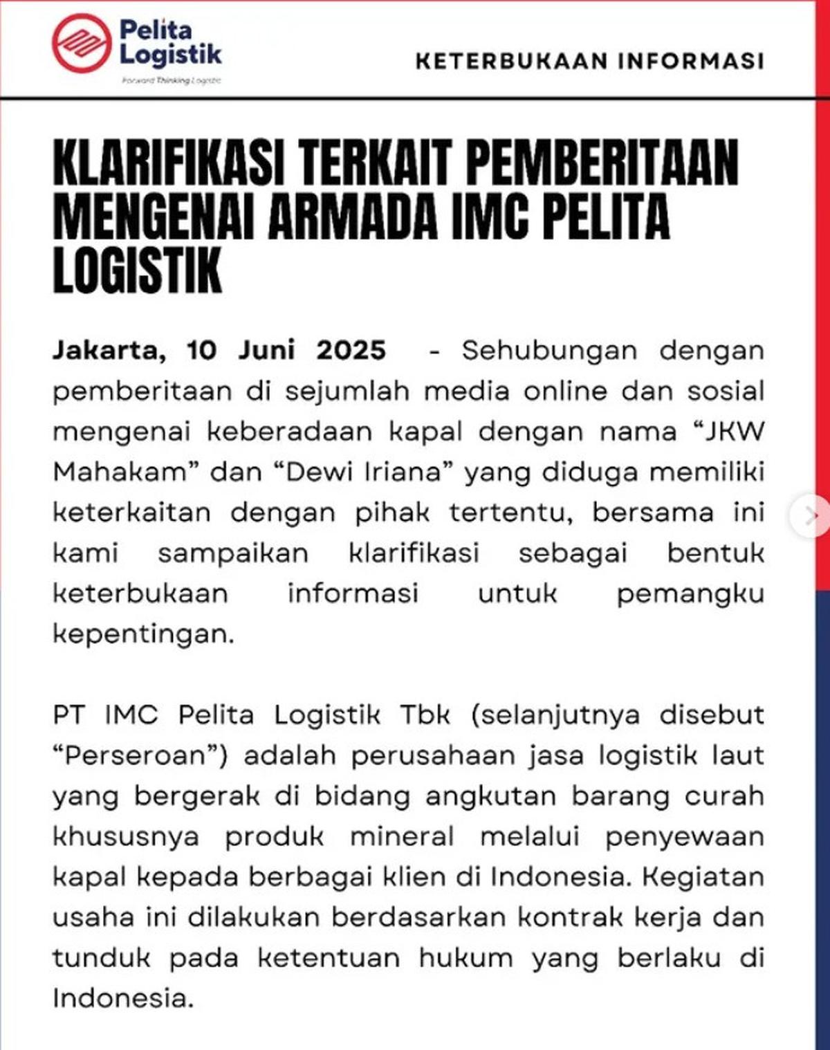 Klarifikasi imc pelita logistik