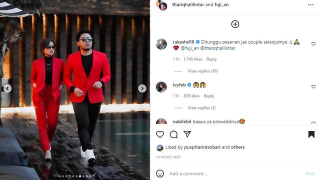 Fuji dan Thariq Halilintar serasi mengenakan jas couple warna merah (Foto: Instagram/@thariqhalilintar)