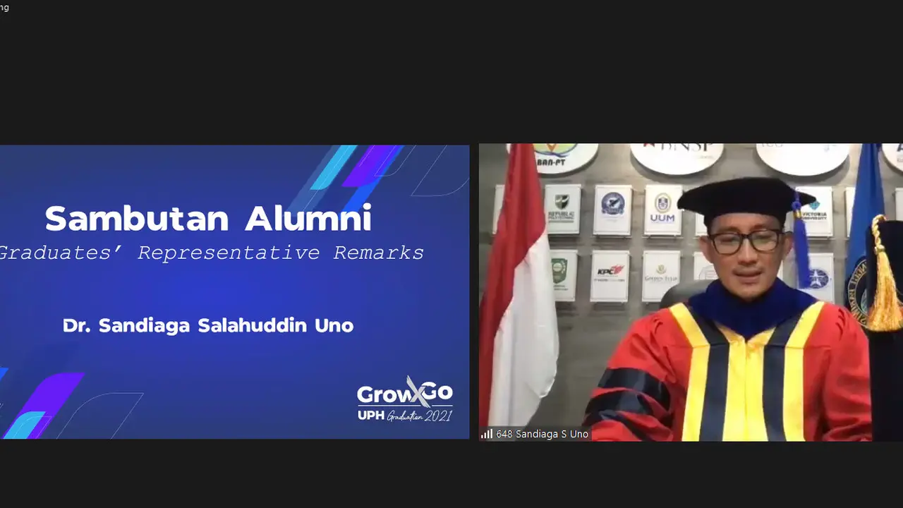 Sandiaga Uno lulus Program Doktor Manajemen dan mengikuti wisuda online Universitas Pelita Harapan (UPH) Lippo Village, Sabtu (17/7/2021). (Dok. Universitas Pelita Harapan)