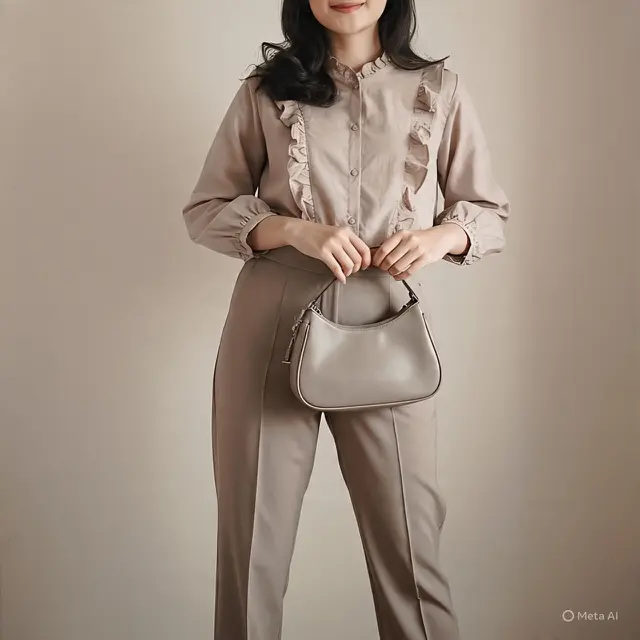 5. Blouse Ruffle dan Celana Bahan Lurus