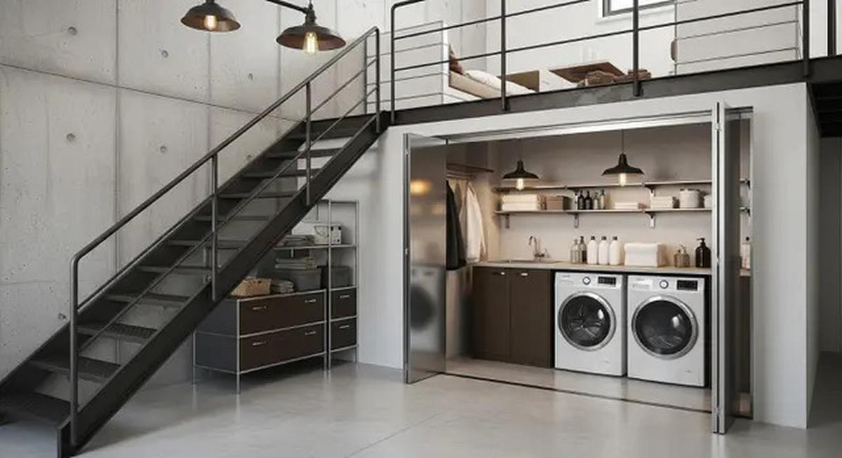 8 Inspirasi Rumah Kecil Mezzanine dengan Area Laundry Tersembunyi di Bawah Tangga