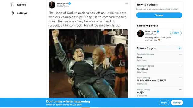 Mike Tyson menyampaikan duka mendalam atas kepergian Diego Maradona