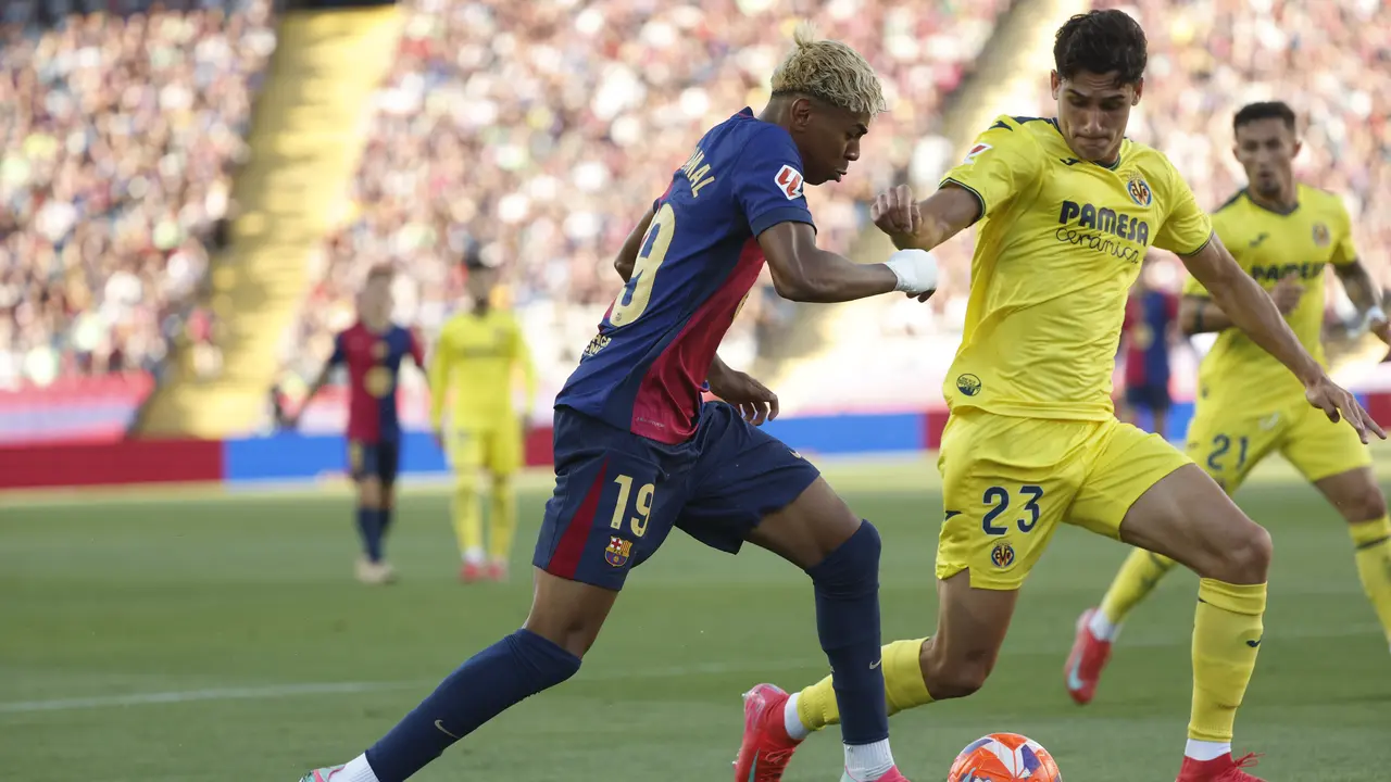 Aksi Lamine Yamal di laga Barcelona vs Villarreal di Estadi Olimpic Lluis Companys, Senin (19/05/2025) dini hari WIB. AP/Joan Monfort.